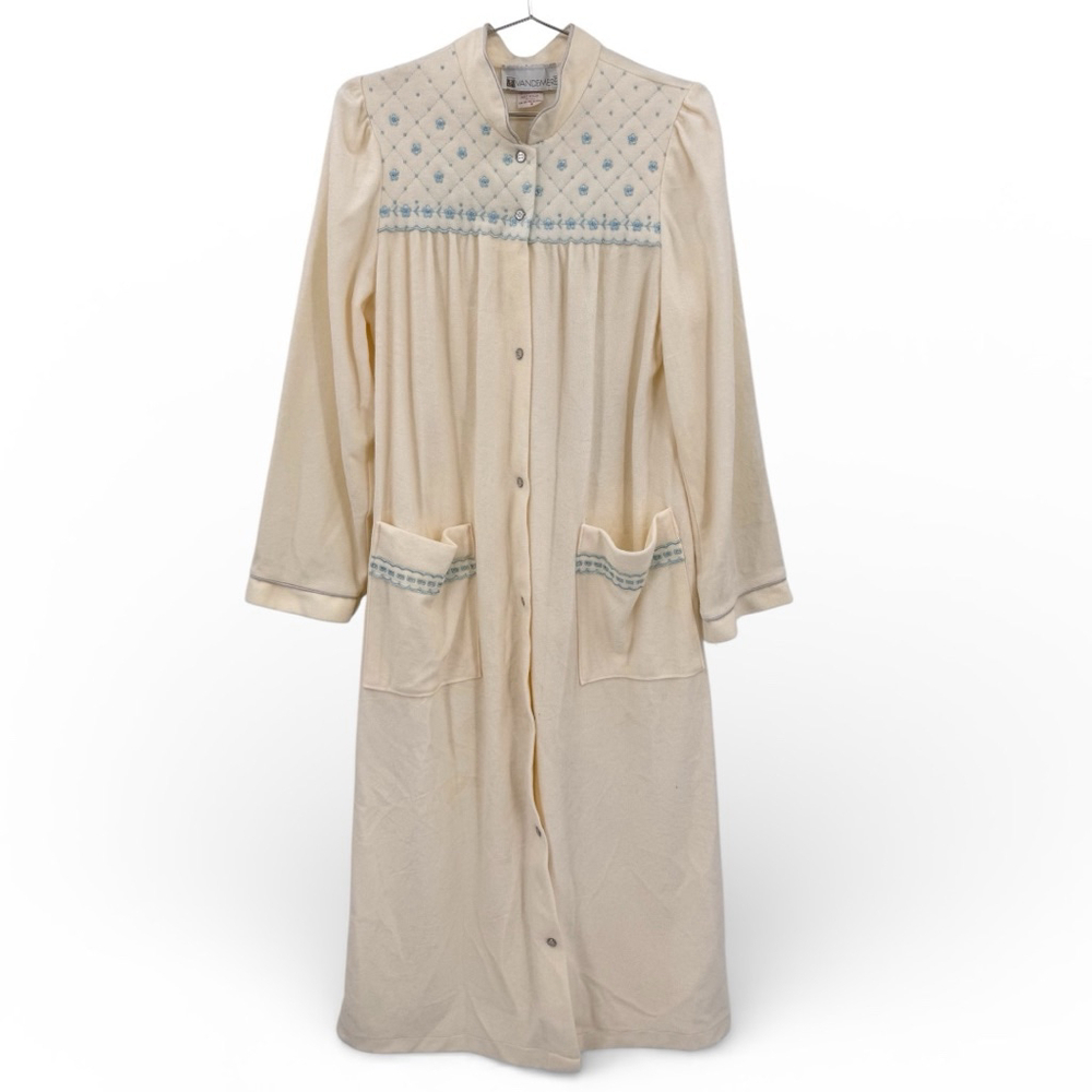 Vintage 80s Cream Robe Blue Dainty Flowers Snap Front Modest Long Made in USA